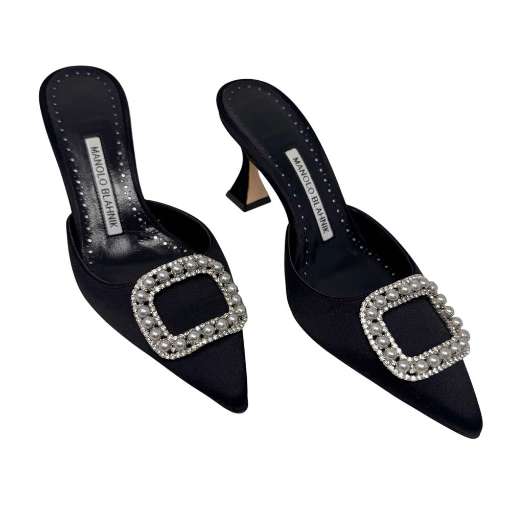 Manolo Blahnik Fabetamu Pearl Crystal Buckle Satin Mule Black 36